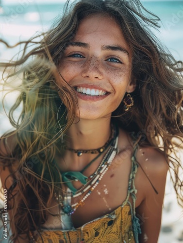 A young woman stands on the edge of a sandy beach, looking out at the ocean