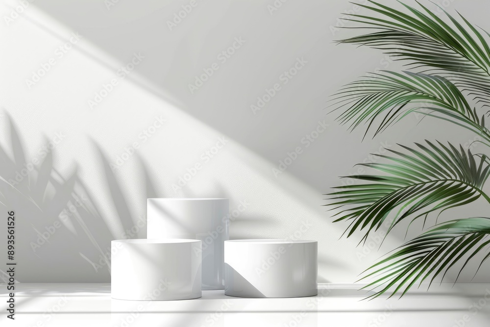 Abstract white 3D room with realistic white cylinder pedestal podium set and palm leaf shadow overlay. Minimal scene for product display presentation. Vector geometric platform. with generative ai Abstract white 3D room with realistic white cylinder pedestal podium set and palm leaf shadow overlay. Minimal scene for product display presentation. Vector geometric platform. with generative ai