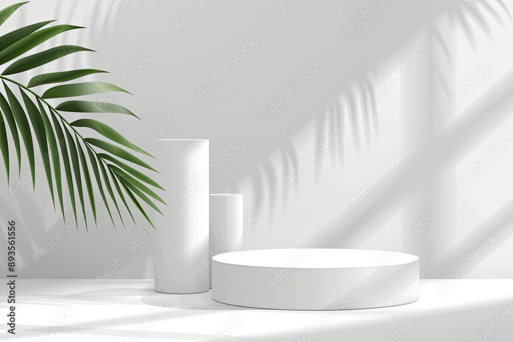 Abstract white 3D room with realistic white cylinder pedestal podium set and palm leaf shadow overlay. Minimal scene for product display presentation. Vector geometric platform. with generative ai Abstract white 3D room with realistic white cylinder pedestal podium set and palm leaf shadow overlay. Minimal scene for product display presentation. Vector geometric platform. with generative ai