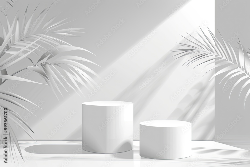 Abstract white 3D room with realistic white cylinder pedestal podium set and palm leaf shadow overlay. Minimal scene for product display presentation. Vector geometric platform. with generative ai Abstract white 3D room with realistic white cylinder pedestal podium set and palm leaf shadow overlay. Minimal scene for product display presentation. Vector geometric platform. with generative ai