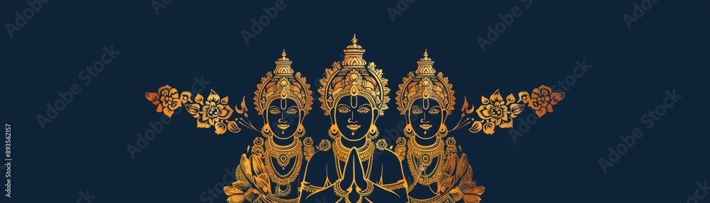 Three gold statues of Indian gods are shown on a blue background
