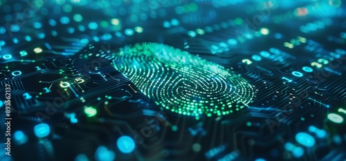 A fingerprint scanner used for identification. Concept for biometric authorization and business security. Fingerprint scanning on a digital screen. Cyber security concept.