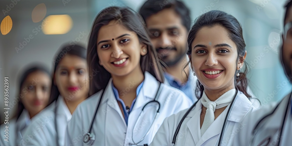 A group of Indian doctor medical wearing white lab coats and smiling for a photo A group of Indian doctor medical wearing white lab coats and smiling for a photo