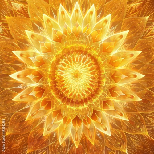 abstract sun mandala intricate geometric patterns radiant gold and orange gradient zentangleinspired design spiritual symbolism mesmerizing optical illusion effect photo