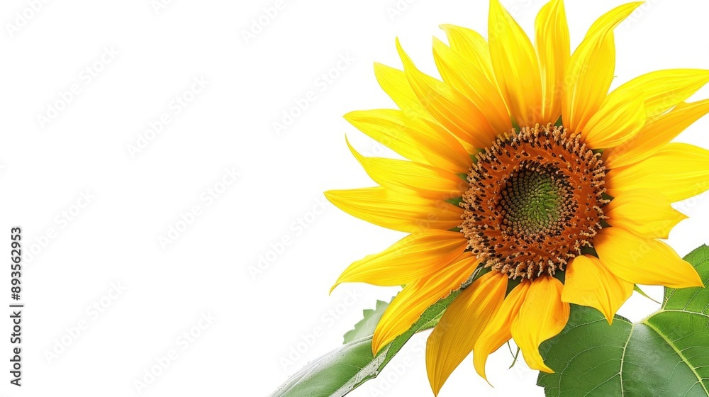 Fototapeta premium A bright yellow sunflower with green leaves on a simple white background, perfect for illustrations and designs