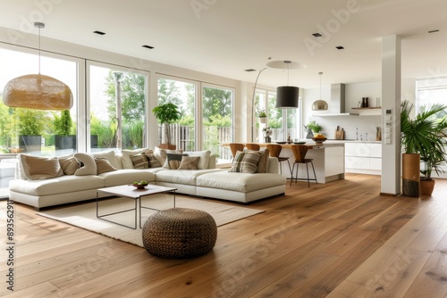 Luxury living room interior with white sofa and wooden floor.