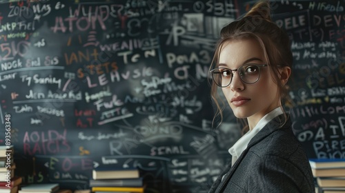 Portrait of an attractive, confident young woman, student, teacher, wearing glasses with books in her hands, standing against the background of books and a blackboard.