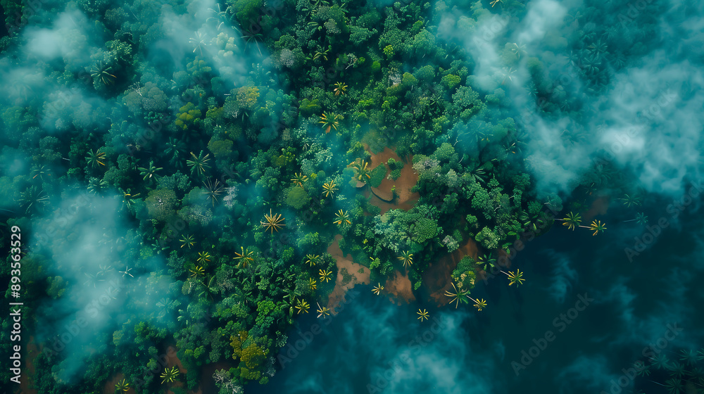 Obraz premium Aerial view of a dense jungle with fog blue water river running through the middle of the rainforest tropical forest landscape