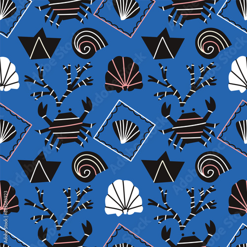 Vector seamless pattern with sea elements on blue background. Modern design for fabric and paper, surface textures. 