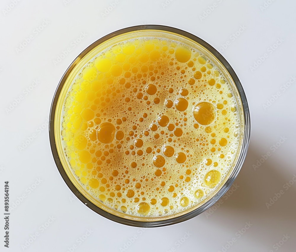 Isolated, top view of orange juice in a glass cup with bubbles Isolated, top view of orange juice in a glass cup with bubbles