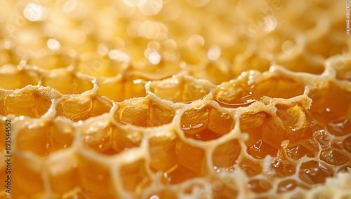 Close-up of a rich honeycomb texture, perfect for natural product branding or culinary arts, evoking warmth and sweetness found in nature.