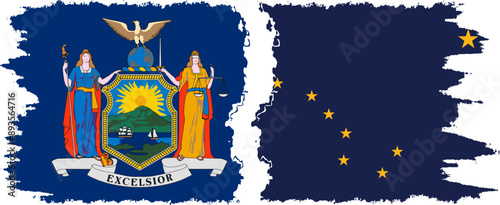 Alaska and New York states grunge brush flags connection, vector