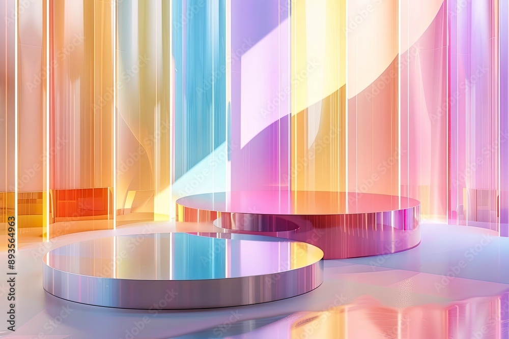 Abstract 3d colorful glass curves. Abstract scene background. Podium 3d, stage pedestal or platform with generative ai Abstract 3d colorful glass curves. Abstract scene background. Podium 3d, stage pedestal or platform with generative ai