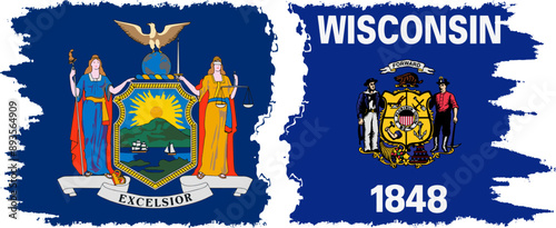 Wisconsin and New York states grunge brush flags connection, vector