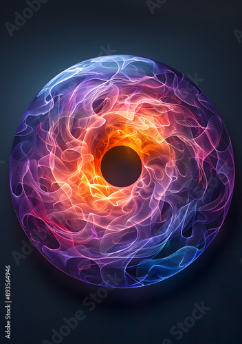 A circle on black background is made of colorful light, in the style of purple and orange, swirling vortexes.