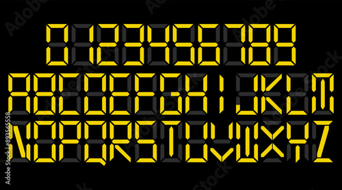 Led digital font text in yellow. Digital scoreboard