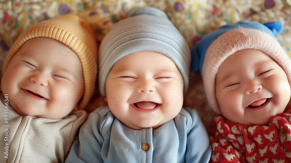 Two babies are smiling and laughing at the camera. They are wearing hats and are wearing yellow jackets Two babies are smiling and laughing at the camera. They are wearing hats and are wearing yellow jackets