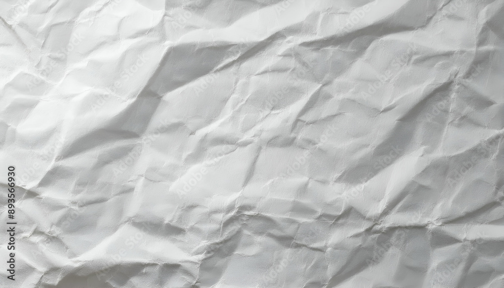 Fototapeta premium Abstract, close-up background of intensely crumpled, wrinkled white kraft paper with dramatic lighting, creating a textured, vintage, or rugged feel.