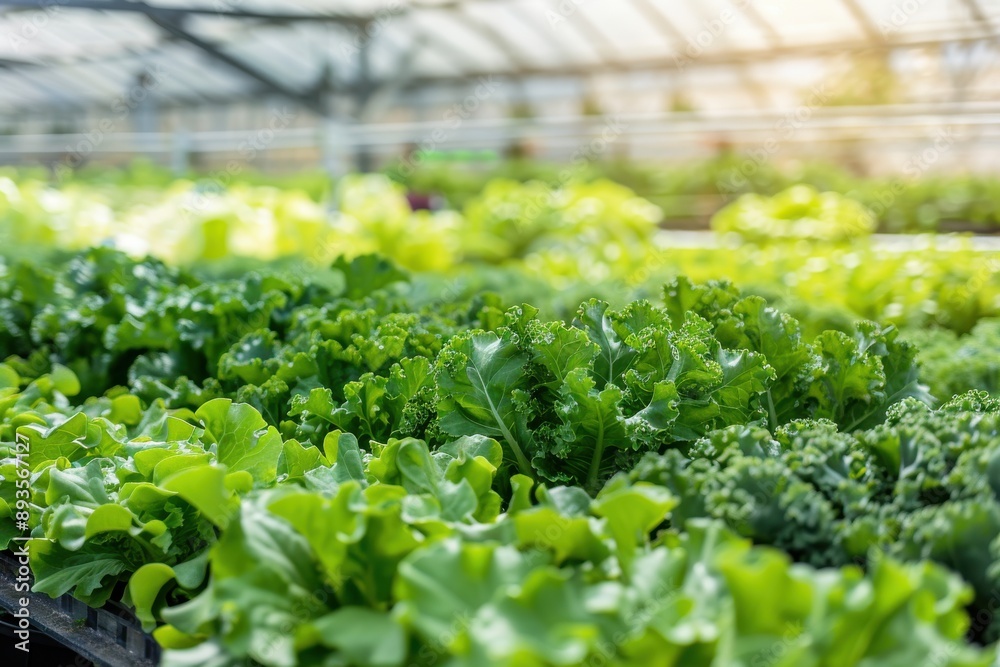 Closeup of a hydroponic greenhouse filled with lush green leafy vegetables and blurred background Closeup of a hydroponic greenhouse filled with lush green leafy vegetables and blurred background
