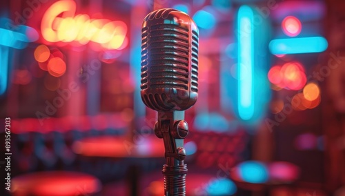 Vintage Microphone on Stage with Neon Lights