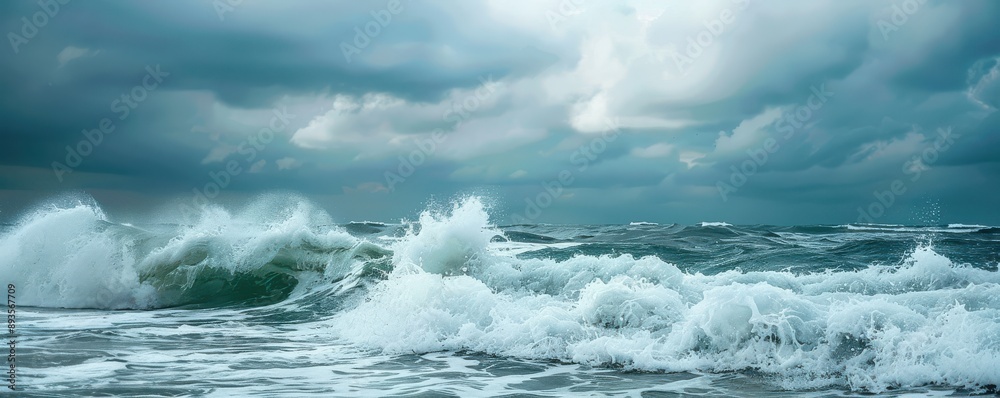 A large wave is crashing on the shore. Free copy space for banner. A large wave is crashing on the shore. Free copy space for banner.