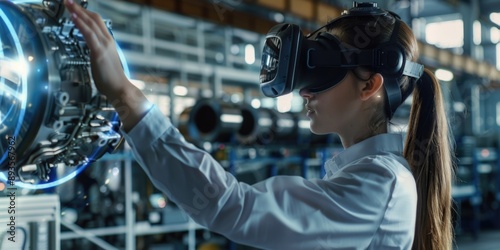 A woman wearing a virtual reality headset works in a factory setting