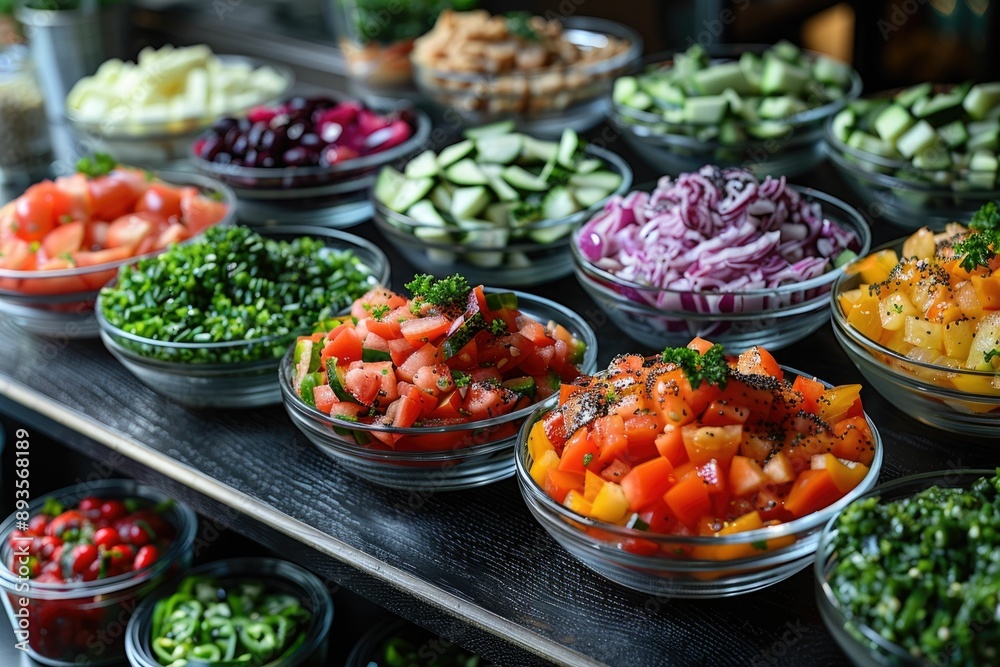 Variety of vegetable salads in glass bowls on a wooden table Variety of vegetable salads in glass bowls on a wooden table