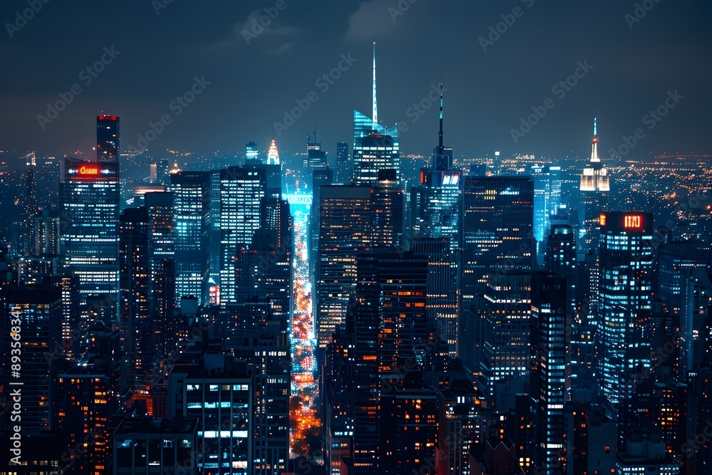 Obraz premium Illuminated Nighttime Cityscape with Skyscrapers and Busy Streets Showcasing the Vibrant Energy of the City