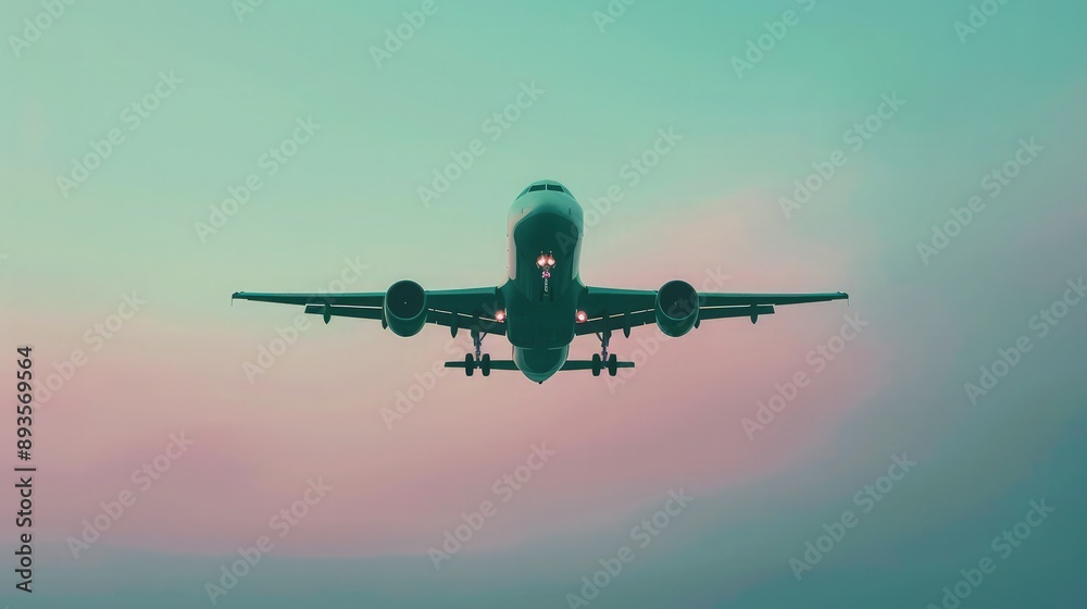 An airplane speeds towards a vacation destination, outlined against a dusk sky of pastel mint and blush, offering a hint of the tropical paradise ahead. An airplane speeds towards a vacation destination, outlined against a dusk sky of pastel mint and blush, offering a hint of the tropical paradise ahead.