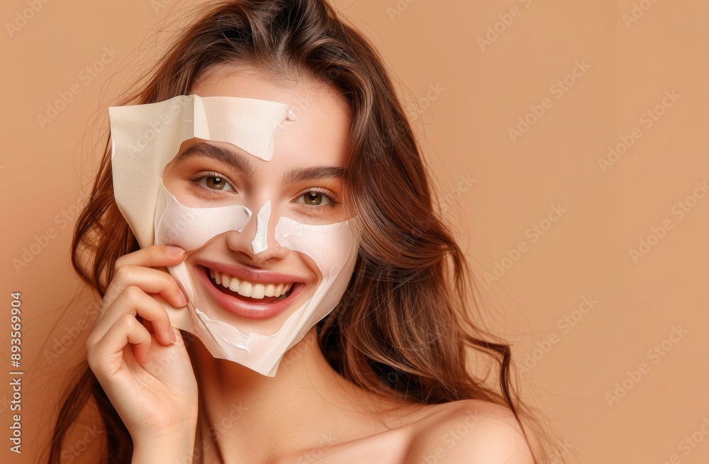 An attractive European girl posing in front of a beige background while wearing a moisturizing sheet face mask. Image is related to skin care, cosmetology, and beauty.