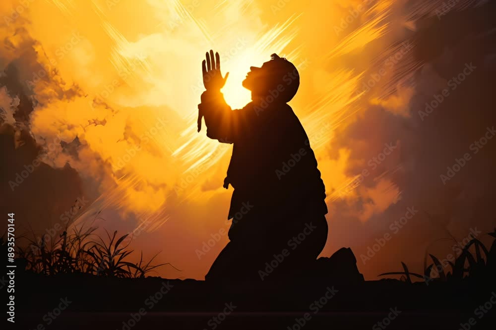 man praying and praising god on background
