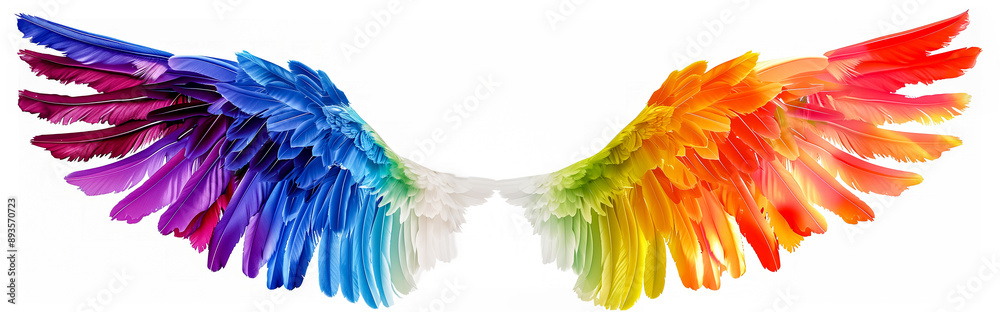 Fototapeta premium Rainbow watercolor spreaded wings. Beautiful magic shiny glittery rainbow wings