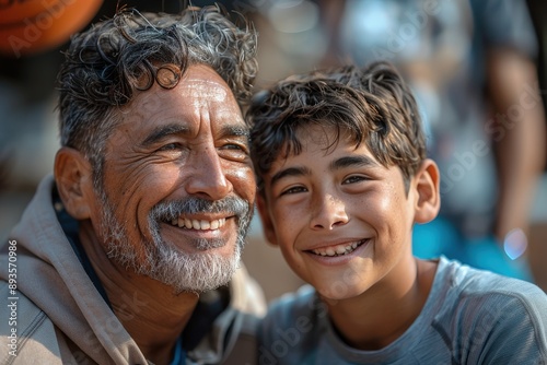 A touching scene depicting a grandfather and his grandson smiling joyfully while spending time outdoors, emphasizing family bonding and generational love.