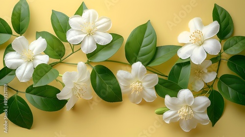 White jasmine flowers with green leaves, pale yellow background, delicate floral arrangement, top border composition, soft focus, fresh spring blossoms. © horizon