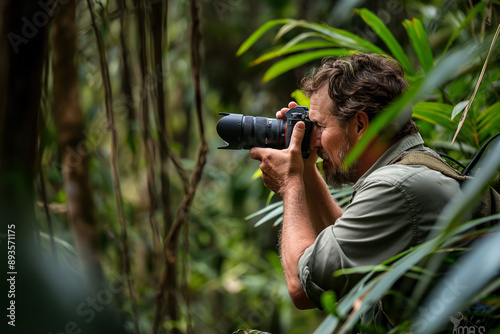 man photographing wildlife in dense jungle