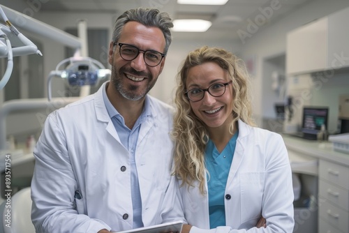 A male and female dentist, both in white coats and glasses, are smiling while standing together in a contemporary dental clinic, signifying teamwork and professionalism.