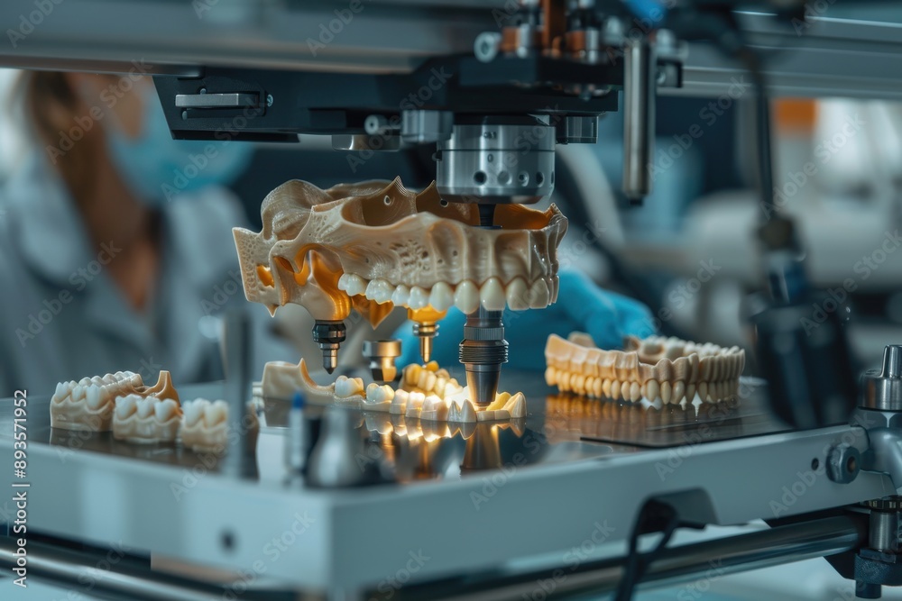Obraz premium A detailed 3D printed skull and jaw model displayed prominently in a laboratory, signifying the intersection of medical knowledge and intricate 3D printing technology.