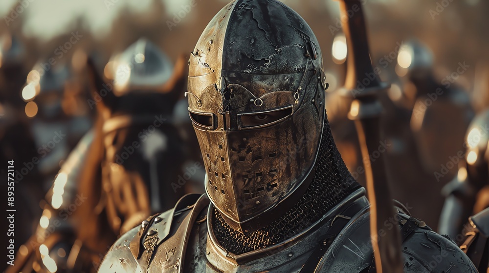 Medieval knight in full armor ready for battle, surrounded by fellow ...