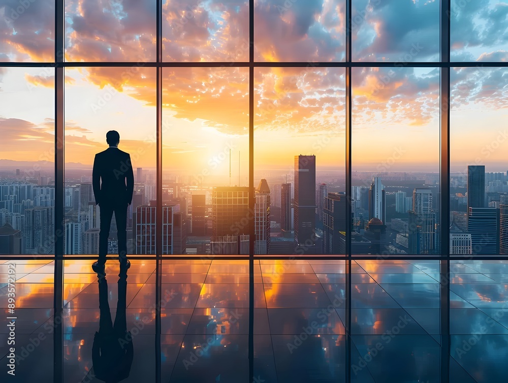 Business Executive Overlooking Futuristic City Skyline from Sleek Office Window