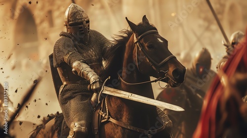 Medieval knight in full armor with sword on horseback during a fierce battle, showcasing epic combat amid a historical war setting.