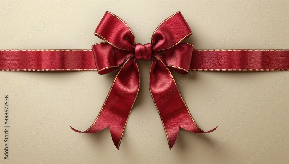 Red Satin Bow with Gold Trim on Beige Background