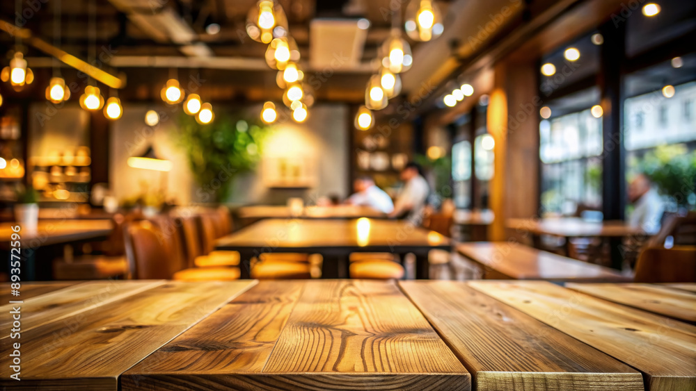 Wooden table top with blur background of restaurant interior. generative ai Wooden table top with blur background of restaurant interior. generative ai