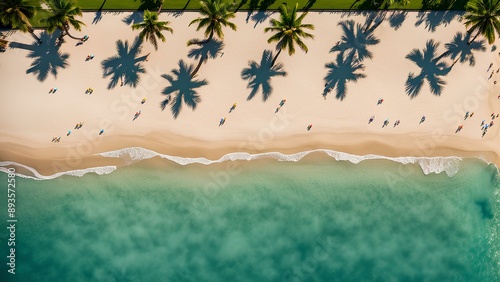 Beach with palm trees on the shore in the style of birds-eye-view. Turquoise and white plane view on beach aerial photography.