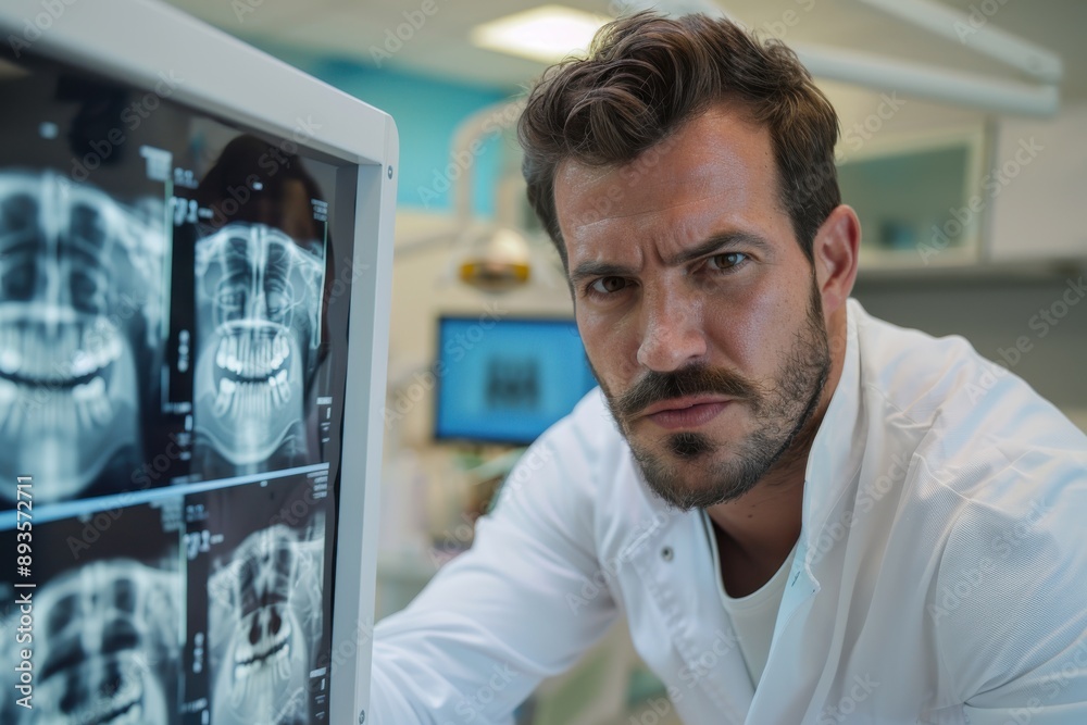 A focused dentist in a white coat closely examines dental x-rays in a bright, clean clinical environment, demonstrating professional expertise and patient care in dentistry. A focused dentist in a white coat closely examines dental x-rays in a bright, clean clinical environment, demonstrating professional expertise and patient care in dentistry.