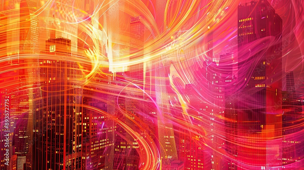 Fototapeta premium Neon light patterns in red orange pink with urban skyline background