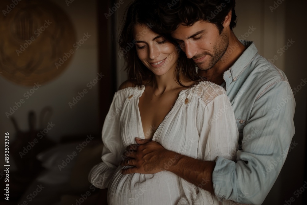 A pregnant woman is lovingly embraced by her partner, both sharing a tender and intimate moment in soft lighting, captured in an affectionate and serene indoor setting. A pregnant woman is lovingly embraced by her partner, both sharing a tender and intimate moment in soft lighting, captured in an affectionate and serene indoor setting.