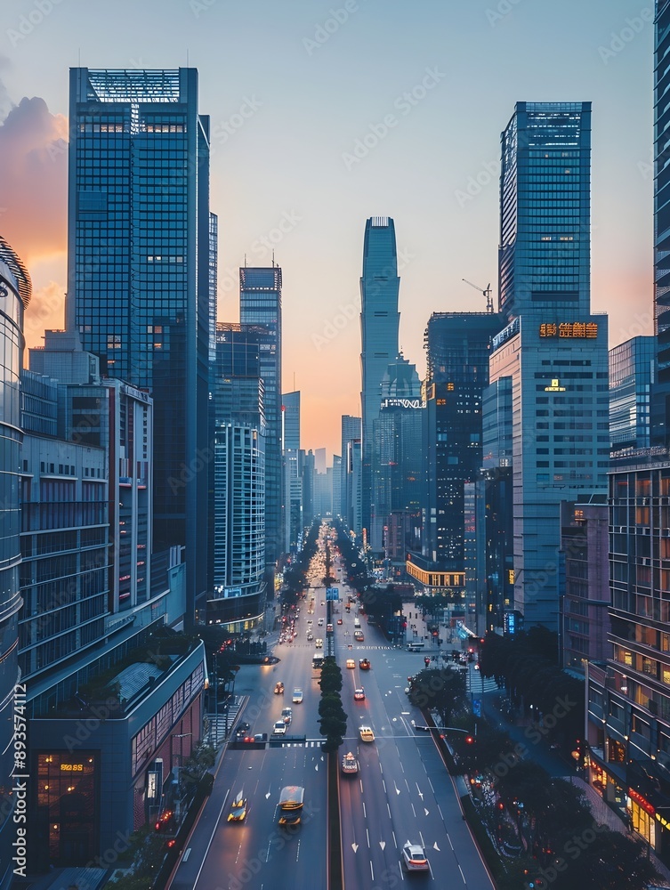 Obraz premium Bustling Morning Cityscape with Towering Skyscrapers and Busy Streets at Sunrise