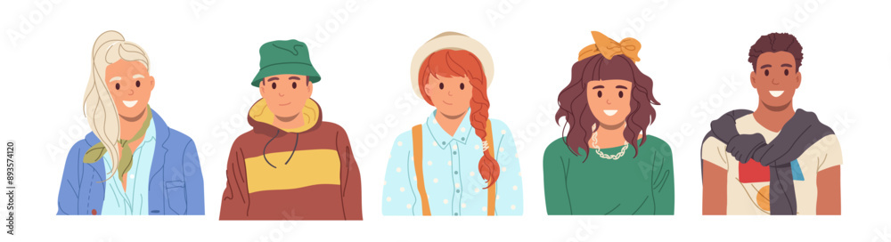 Fototapeta premium Portrait of young diverse people teenagers casual cartoon characters isolated on white background
