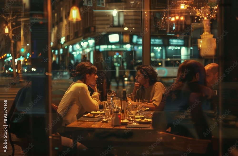 Group of friends sitting in a restaurant in Paris, France, at night Group of friends sitting in a restaurant in Paris, France, at night