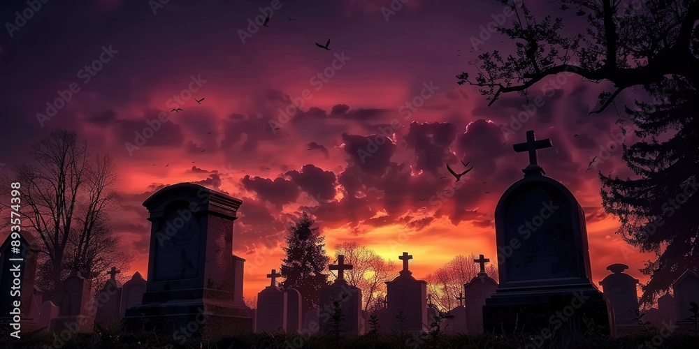 Obraz premium Silhouettes of Tombstones Against a Dramatic Sunset Sky